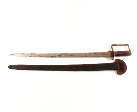 A short sword with white metal inlay to wooden grip, within leather scabbard