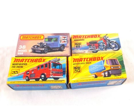 Four boxed Matchbox (two Superfast) 1-75 Series, 18f Hondarora orange body, 35c Merryweather fire engine 'London Fire Service
