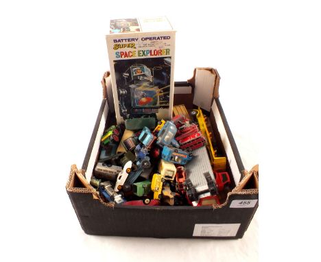 A boxed battery operated Super Space Explorer Robot plus die cast models, Dinky, Corgi and Matchbox