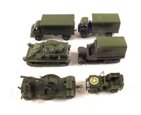 Dinky Army vehicles 151A medium tank with chain tracks, 151B six wheel covered wagon, 153A Jeep (US White Star), 161B AA gun 