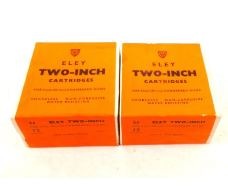 Two unopened boxes of Eley 12 bore two inch cartridges, this item can only be purchased by someone with a current valid shotg