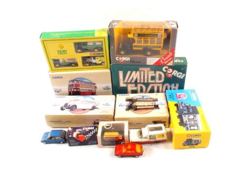 Boxed Corgi limited edition Grattan warehouse lorry, Foxes Glacier Mints, Thames trader box van, buses plus other models