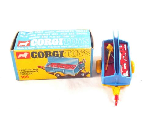 A boxed Corgi Toys 109 Pennyburn workmen's trailer with brush, shovel, pick axe etc