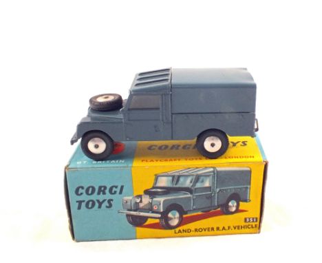 A boxed Corgi Toys 351 Land Rover R.A.F vehicle, with blue body and canopy