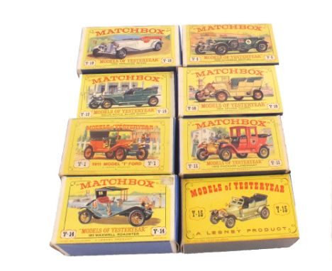 Eight boxed Matchbox Models of Yesteryear, Y-1-2 1911 model 'T' Ford new model with red body, black seats and roof, Y-14-2 19