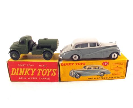 Two boxed Dinky Toys, 150 Rolls-Royce Silver Wraith in two tone grey plus 643 Army water tanker