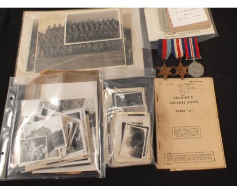 A group of three WWII medals including France and Germany Star with photographs and ephemera to Mr K Weldon of Wroxham Norfol