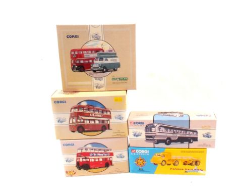 Boxed Corgi Pacific Greyhound bus, Reading Corp Sunbeam trolley bus, Southampton Guy Arab bus, Ian Allen limited edition 50th