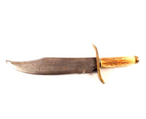 A large Bowie knife with 11" blade and stag grip, blade marked with broad arrow and 'Elwell'