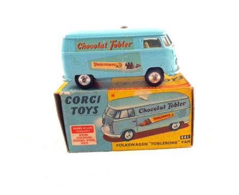 A boxed Corgi Toys 441 Volkswagen 'Toblerone' van, in light blue and yellow interior