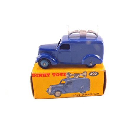 A boxed Dinky Toys 492 (34C) loudspeaker van, with speaker, dark blue body and light blue hubs