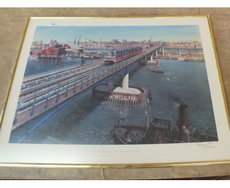 A Terrence Cuneo signed limited edition print, Docklands Light Railway, West Indian Docks Crossing No.51/100 plus one other, 