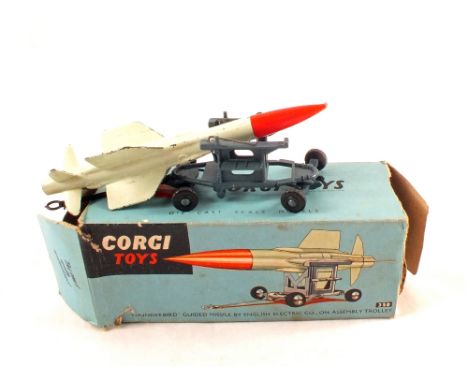 A boxed Corgi Toys 350 'Thunderbird' guided missile by English Electric Co, on assembly trolley, white missile