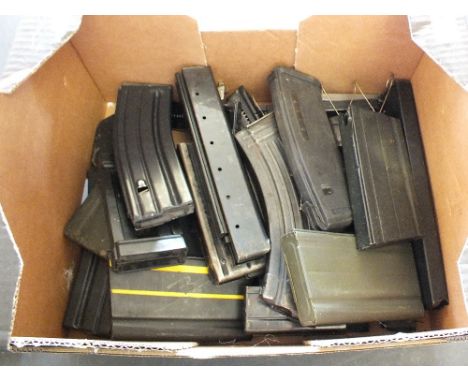 A box of mixed ammunition magazines including SA80 examples