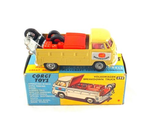 A boxed Corgi Toys 490 Volkswagen breakdown truck in light olive body, red interior and flatbed with tools plus two spare whe