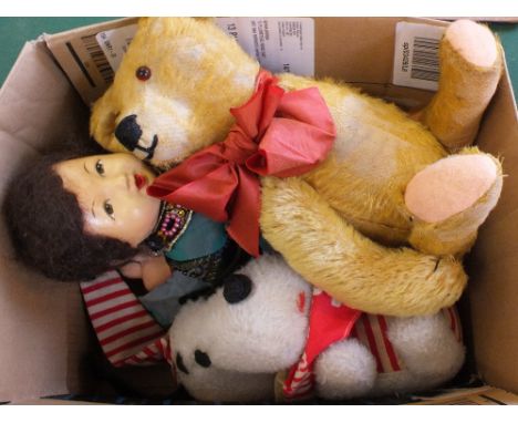 A musical Snoopy, straw filled bear, oriental dressed composition doll, vinyl Pinocchio puppet plus a small dog