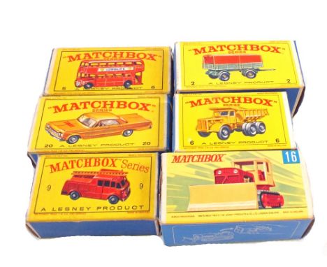 Six boxed Matchbox Lesney 1-75 Series, 20c Chevrolet Impala taxi cab in orange/yellow, 2d Mercedes trailer with turquoise bod