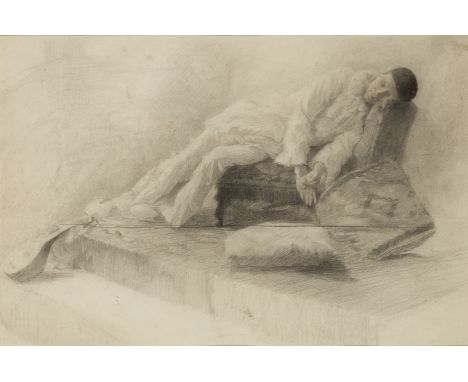 Cyrus Cuneo, ROI,  American/British 1879-1916- Study of a sleeping figure in theatrical costume, a lute by his feet; pencil o