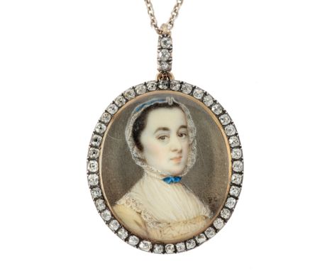 Penelope Carwardine,  British 1730-1800- Portrait of a lady, bust-length, wearing a lace-trimmed bonnet; watercolour on ivory