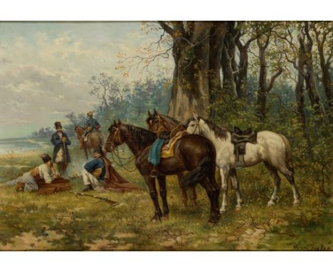 Henri Fisher,  French, late 19th/early 20th century- Horses at rest, with soldiers gathered around a fire beyond; oil on canv