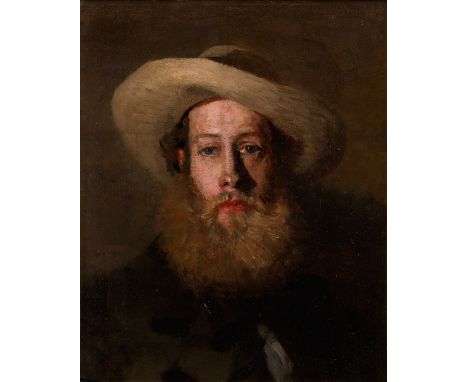 Circle of Edward Stott, ARA,  British 1859-1918-  Portrait of a young man, bust-length, with a full beard and a broad-brimmed