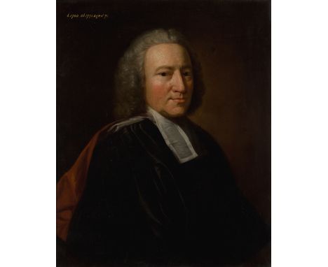 Circle of Jonathan Richardson,  British 1667-1745- Portrait of a gentleman, half-length, wearing a white jabot and red drape 