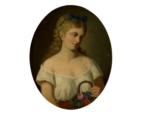 R. Schuster,  German, mid/late 19th century- Portrait of a young lady, half-length, holding a basket of flowers; oil on canva