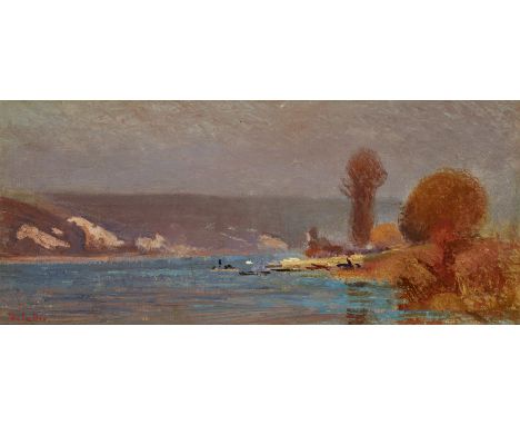 Joseph Delattre,  French 1858-1912- An evening river landscape, with boats by the shore; oil on canvas laid down on board, si
