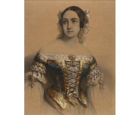 Italian School,  mid-19th century- Portrait of a Lady, half-length, wearing a dress adorned with pearls and jewels, and ribbo