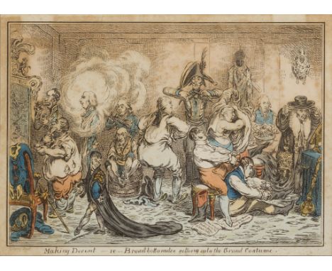 James Gillray,  British 1756-1815- 'Making Decent' - i.e. - Broad-bottomites getting into the Grand Costume; hand-coloured et