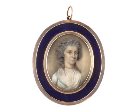Circle of John Smart,  British 1741-1811- Portrait of a lady, bust-length, wearing a white dress with a shawl collar, a neckl