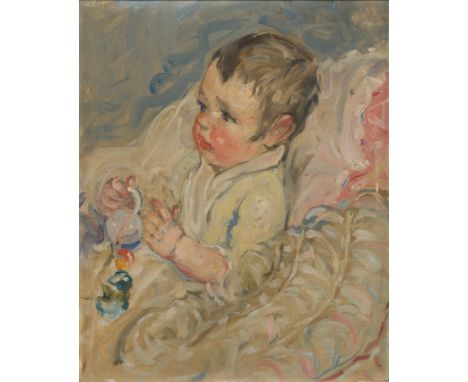 Follower of Berthe Morisot,   French 1841-1895- Portrait of a seated child holding a toy; oil on canvas, 53 x 43.5 cm. Proven