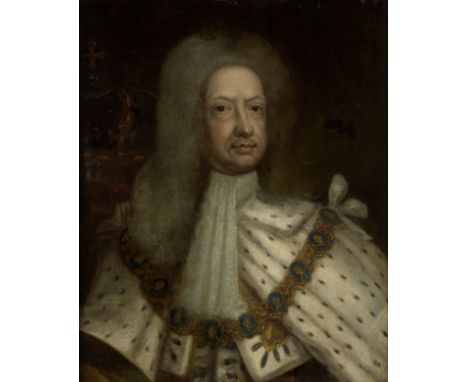 After Sir Godfrey Kneller,  German/British 1646-1723- Portrait of George I, bust length, in coronation robes, with a crown be