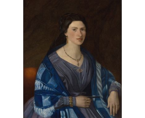 Circle of Joseph Hasslwander,  Austrian 1812-1878- Portrait of a lady, half-length, wearing an indigo dress with a striped bl