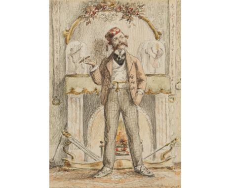 Herbert J Weigall,  British, mid 19th century- A Christmas Cigar; pencil and watercolour on card laid down on paper, signed '