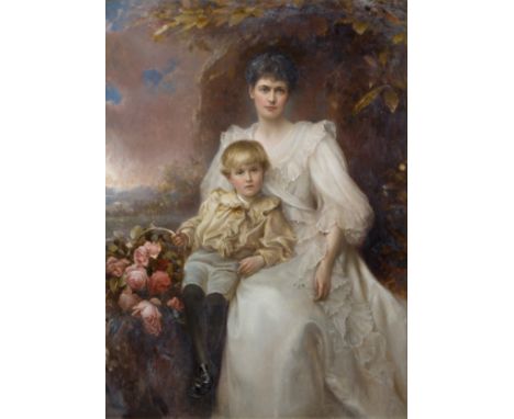 Edward Hughes,  British 1832-1908- Portrait of Mrs Florence Villiers with her son Algernon, full-length, seated together in a