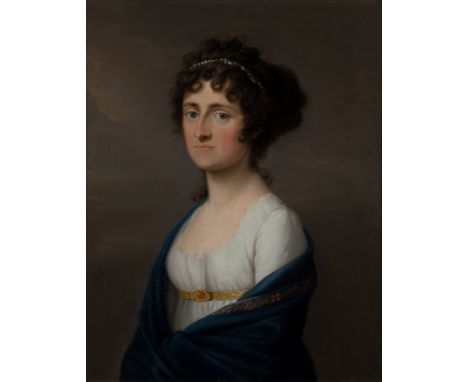 Circle of Johann Heinrich Friedrich Tischbein,  German 1751-1829- Portrait of a lady, half-length, in a white dress and blue 