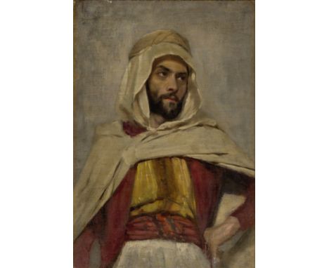 Circle of Gustave Guillaumet,  French 1840-1887- Portrait of a man, half length, wearing a head covering; oil on canvas laid 