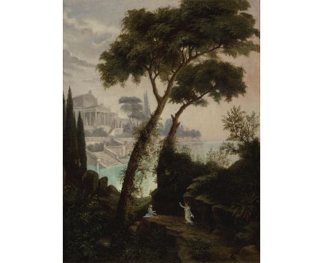 Attributed to Josef Hoffmann,  Austrian 1831-1904- Two figures in an Italianate landscape, with a river and classical buildin