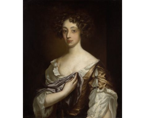 Circle of Sir Peter Lely,  Dutch/British 1618-1680- Portrait of a lady, half length, wearing a golden-brown satin dress and h