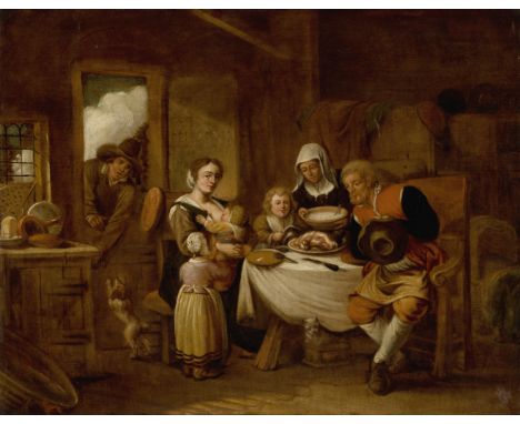 Manner of Jan Miense Molenaer,  early 19th century- A Cottage interior with a family seated around a table; oil on panel, 44.