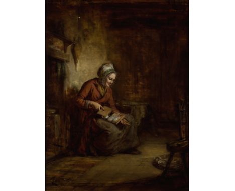 Robert Thorburn Ross, RSA,  Scottish 1816-1876- A seated woman in an interior, carding; oil on panel, signed and dated 'R.T. 