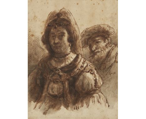 Attributed to Aert de Gelder,  Dutch 1645-1727- Study of a young woman and a man wearing a soft cap, possibly representing Es