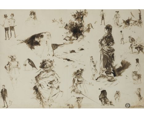 Théobald Chartran,  French 1849-1907- Figure studies, including a lady with a fan, a man in cavalier's costume, and a terrier