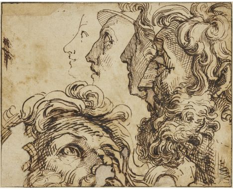 Attributed to the workshop of Bartolomeo Passarotti,  Italian 1529-1592- Five male heads; pen and dark brown ink, possibly ir