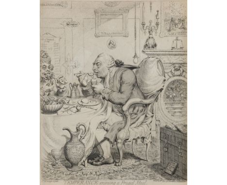 James Gillray,  British 1757-1815- Temperance enjoying a Frugal Meal; stipple engraving, signed 'Js. Gy. design et fecit' (wi