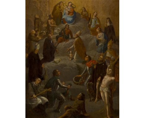 Follower of Bento Coelho da Silveira,  Portuguese 1617-1708- Madonna and Child enthroned with saints; oil on panel, 44 x 35 c
