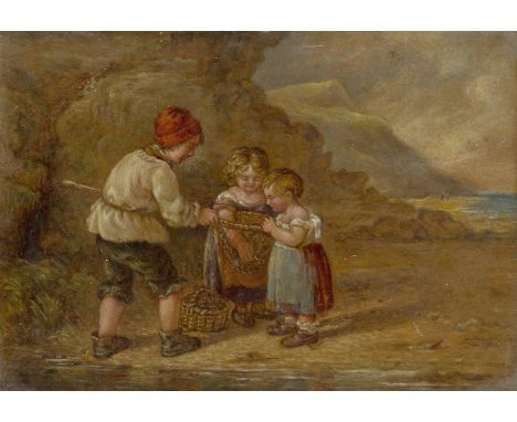 Attributed to William Collins, RA,  British 1788-1847- Children catching fish on the beach; oil on panel, 7.7 x 10.3 cm. Prov