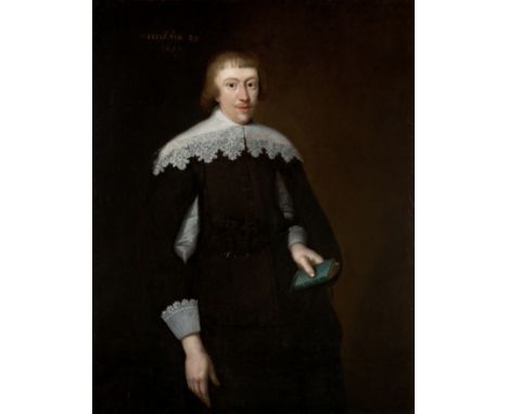 English School,  early to mid 17th century- Portrait of a gentleman, three-quarter-length, in a black jacket with flat lace c
