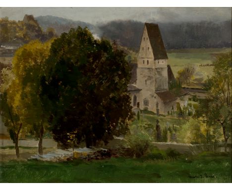 Charles Johann Palmié,  German 1863-1911- View of a church spire and a graveyard through trees; oil on board, signed 'Charles